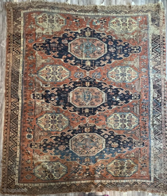 This is an 8’ X 6.9’ FT Caucasian sumak carpet. Very rare and old.                   