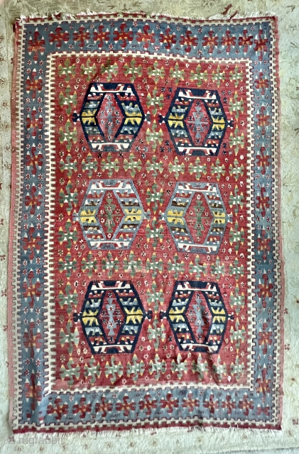 ANTIQUE PER'SIAN BIJAR (BIDJAR) KILIM Size : 5' X 6.3'
As you can see in the photos, this is an extraordinary textile that has survived for a very long time.
This tribal Kilm rug  ...