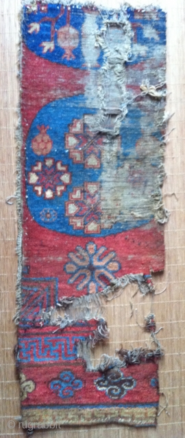 Fine East Turkestan Kotan fragment. This is a beautiful and fine fragment of Chinese East Turkestan carpet. It's well traveled and experienced over 300 years of silk road history.
Size:big bit 30"x 45"  ...