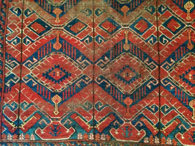 Early Ersari Beshir small main carpet. 130 cm x 206 cm. Very worn and beautiful.                  