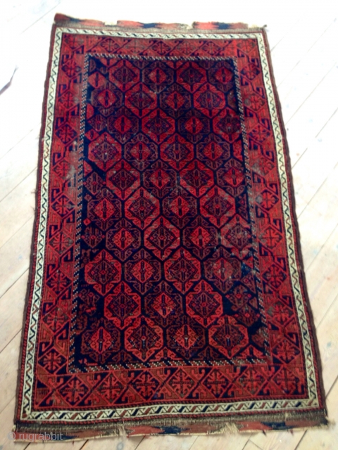 Good Baluch rug with thick soft pile, glowing colors and some holes:)                     