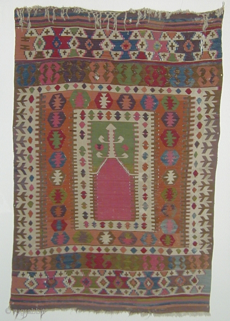 Konya Prayer Kilim - two areas of repair and repairs to corroded browns but otherwise generally good.  74 x 50"            