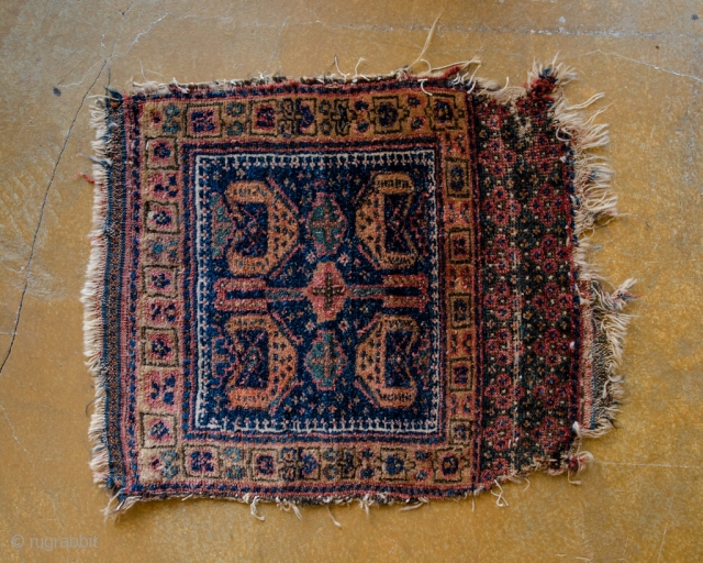 Antique Kurdish Rug. This is a west Persian Kurd with Four Peacocks. Very soft, hand-spun natural wool and old back. Ca 1880.

width:1'8"
length: 1'10"
size category: 3'x5' and smaller
dominant colors: Blue & Beige  