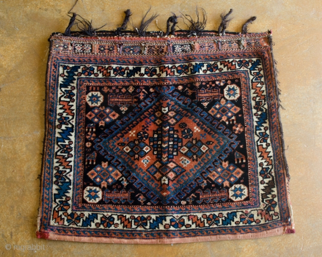 Antique Afshar woven ca. 1880. This Afshar features beautiful tribal art and is in perfect condition.

width: 2'2"
length: 2'6"
size category: 3'x5' and smaller
dominant colors: Blue & Red       