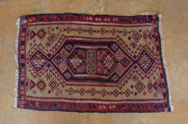 Antique Yastik. This rug is a rare Yastik Kelim with metal thread in between. This item has a very fine weave.
This Yastik is from Turkey.

width: 1'6"
length: 2'2"
size category: 3'x5' and smaller
dominant colors:  ...