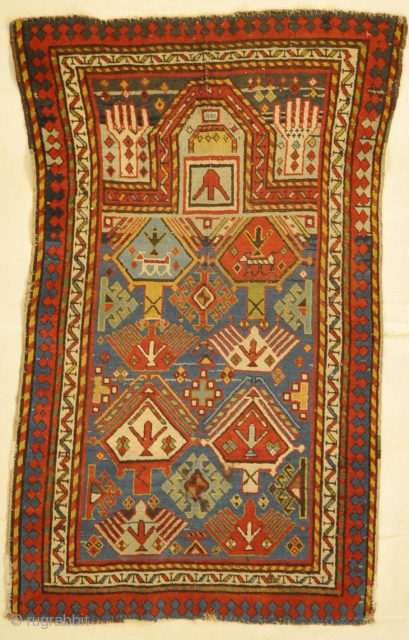 Antique Genjeh Prayer Rug. Antique Caucasian prayer rug, actually used as a prayer rug.                   