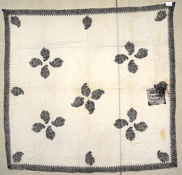 A Sanganeri hand block printed rumal (or scarf) of 102 X 96 cms size, with distinct stamp mark, which reads: Sawai Jaipur, Sambat: 1963 ka ( Made for Jaipur on 1963 sambat.,)  ...