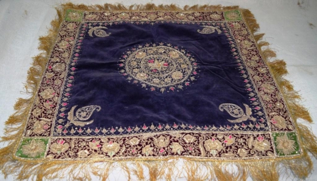 A very fine hand weave on velvet with silver threat table cover. Size: 20 1/2" X 20" (without the frill border) all most unused. 1900s.        