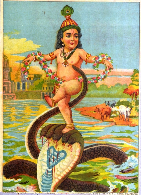 A print of baby dancing Krishna on "Sesnag" (snake with many heads), printed at Ravi Vaivav F.A.L.Press, Ghatkoper(Bombay) after 1910. Slight damage at the bottom. Size: 35.3 X 25.3 cms. Without frame.  ...