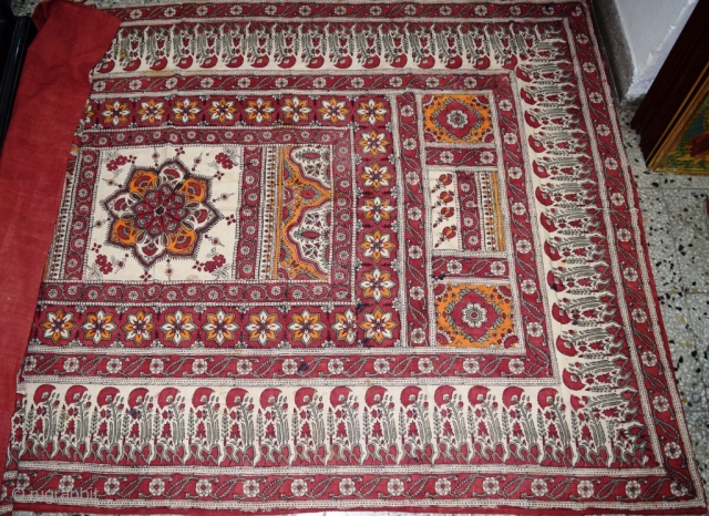 A very fine floor spread of Mogul flower pattern, on hand spun and hand block printed cloth. Backing in red hand spun cloth. Size: Width: 51" X length: 83"
(Made with two length  ...