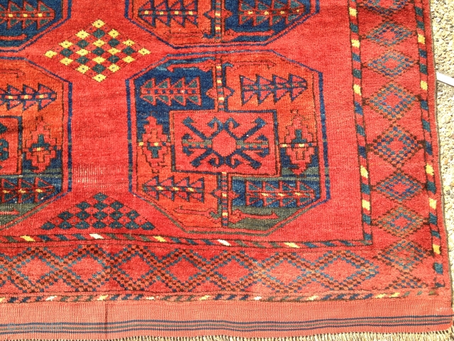 Antique Ersari, great red, nice yellows, blues, greens, burgandy. The rug is complete, but has some visible wear. Its a nice square size that measures 6'10'' x 8'6''Hard to photograph but the  ...