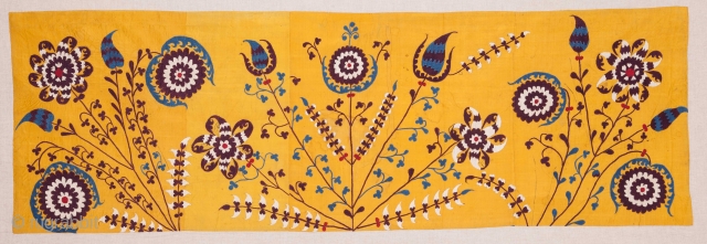 Uzbek Silk Suzani Fragment Late 19th / early 20th C. Backed on linen 60 x 103 cm / 1'11 x 3'4''            