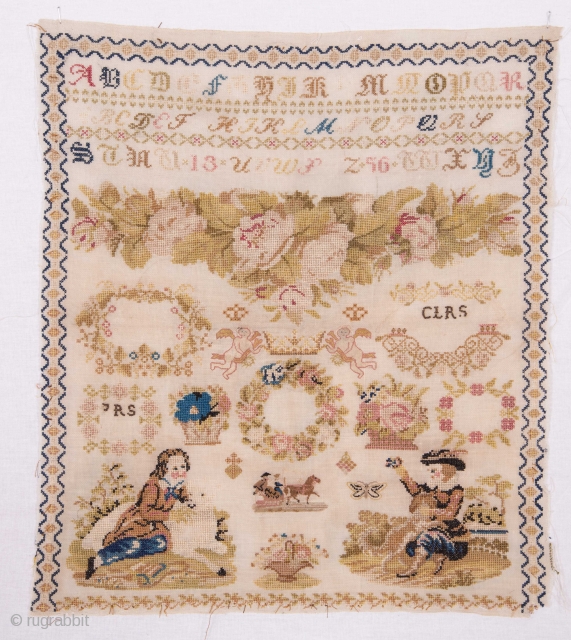 European Finely Embroidered Sampler with the initials of the embroiderer and dated 1856
39 x 34 cm / 15 x 13 inches            