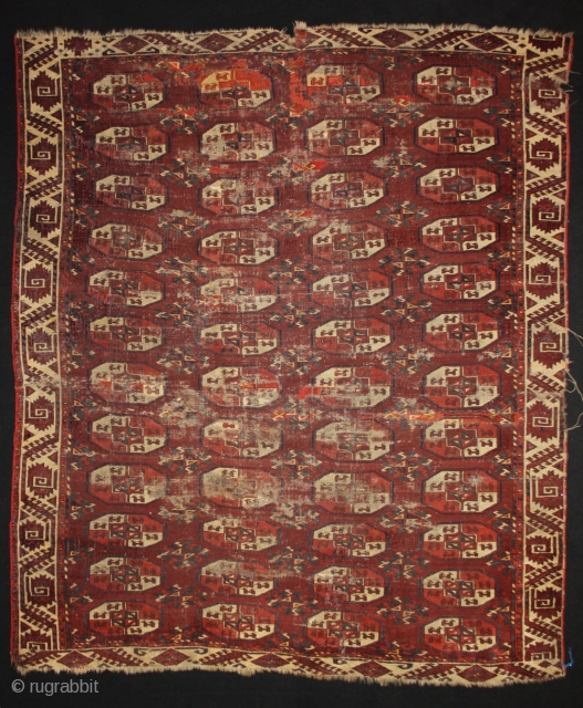 Early turkmen maincarpet, before 1800,open right, in as found condition, silk highlights
size: 215x192cm                    