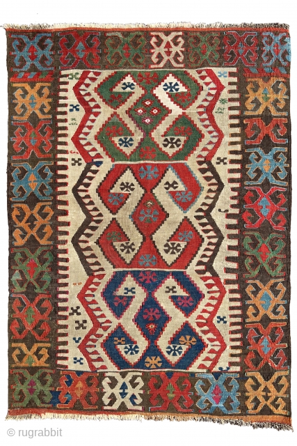Aksaray Kilim, The captivating effect of this small white-ground kilim is due to the brilliance of its colours and their unusual combinations in the compositional context. Bold arrangements of this kind would  ...