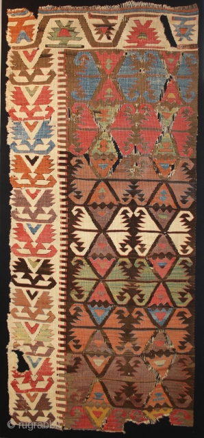 Anatolian Kilim fragment with good age, colors and graphic, museum quality mounted on black canvas, size: 170x73cm                