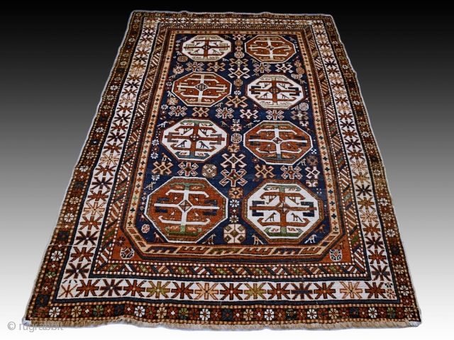 Antique Caucasian Kazak rug. Late 1800s. Good condition for it's age, low pile. Wool on wool. Size approx. 192 x 122 cm /  6.5 x 4 ft.     