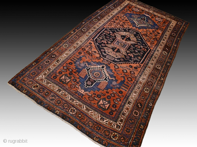 Antique Bidjar Bijar rug. Late 19 th century. Good condition for it's age, low pile and visible wear. Wool on cotton. Size approx. 232 x 125 cm / 7.6 x 4.2 ft. 