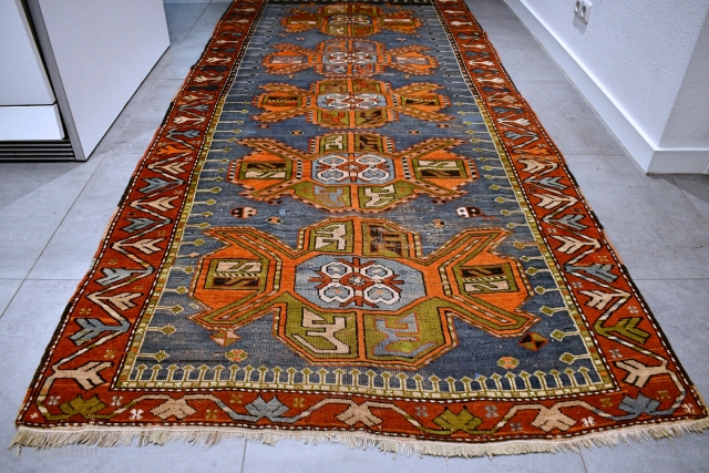 Antique Caucasian Borjalu Kazak around 1880s. Rare colors. Good used condition for it's age, with wear, see pictures. Wool on wool. Size approx. 9.5 x 4.4 ft.
Shipping to US and CA $75. 