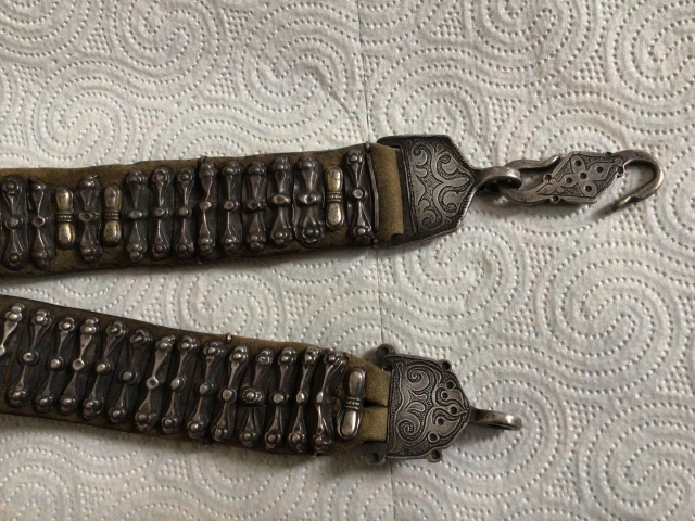 antique belt Karakalpakstan, silver, leather, engraving, stamp, notch, casting, 1900-1920  sizes: 3.5-96cm.  This women's dress belt is in very good condition.          