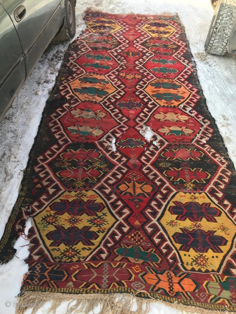 Kilim Turkey or Caucasus, requires restoration. 120 X320 cm.                        