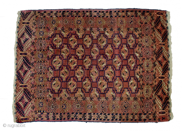 Very pretty antique Turkman rug 131x96cm. This piece has very soft, shiny wool There are signs of wear, as shown in the images.

More Info: https://sharafiandco.com/product/antique-turkman-rug-131x96cm/        