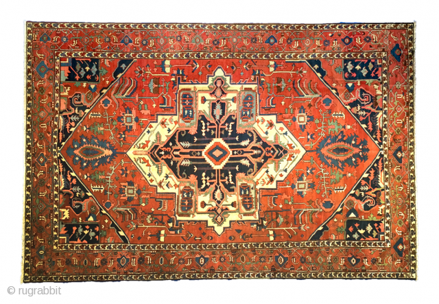 Remarkable 19th Century antique Serapi carpet 443x295cm. it is in very good condition. Couple of cm each end rewoven expertly and small repairs in the field which cannot be seen.

More Info:   ...