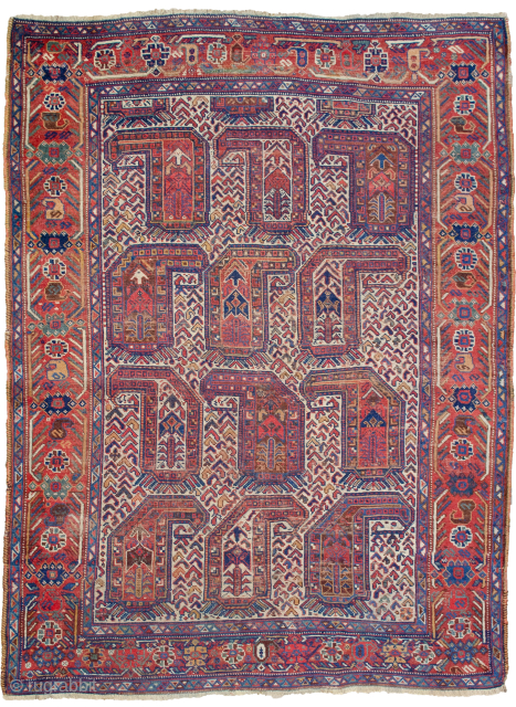 Antique Khamseh rug 178x134cm Circa 1900, Low throughout.

More info: https://sharafiandco.com/product/antique-khamseh-rug-178x134cm/
                       