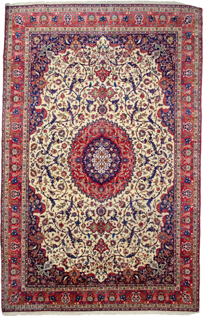 Very fine Antique Isfehan, 80 raj, 378x262cm, Circa 1920 in good condition.

More info: https://sharafiandco.com/product/antique-isfehan-carpet-378x262cm/

                   