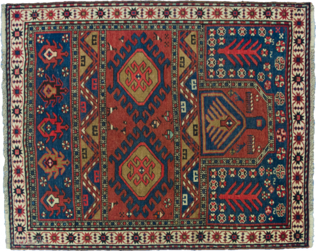 Unusual antique Karabagh rug with Mehrab design. Very good saturated natural dyes and even low pile with some small areas of repiling. 127x105cm

More info: https://sharafiandco.com/product/antique-karabagh-rug-127x105cm/
        