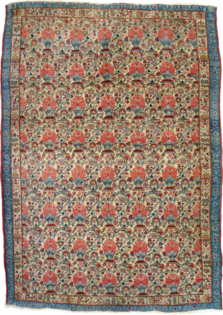 Antique Qum Rug 187x136cm, in good condition with areas of low pile, unusually no wide border. Very good soft colours


More info: https://sharafiandco.com/product/antique-qum-rug-cream-field-with-vase-floral-design-narrow-paisley-borders/
           