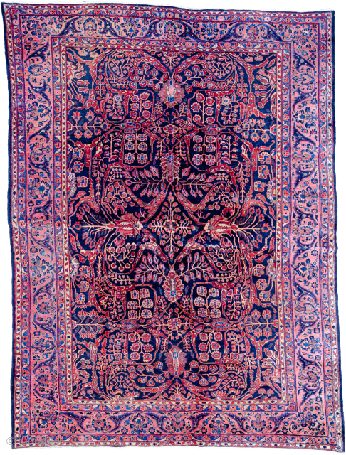 Antique Saruk Carpet 363x263cm  in good condition.

More info:https://sharafiandco.com/product/vintage-saruk-carpet-blue-field-with-swirling-floral-design-purple-border/
                        