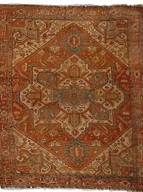 13100 Heriz 367x294 late 19th Century. Lovely soft coloured Heriz with fabulous unusual size. About 3cm of the end as been rewoven. Even low pile through out.
More info: https://sharafiandco.com/product/antique-serapi-heriz-carpet-367x294cm/
