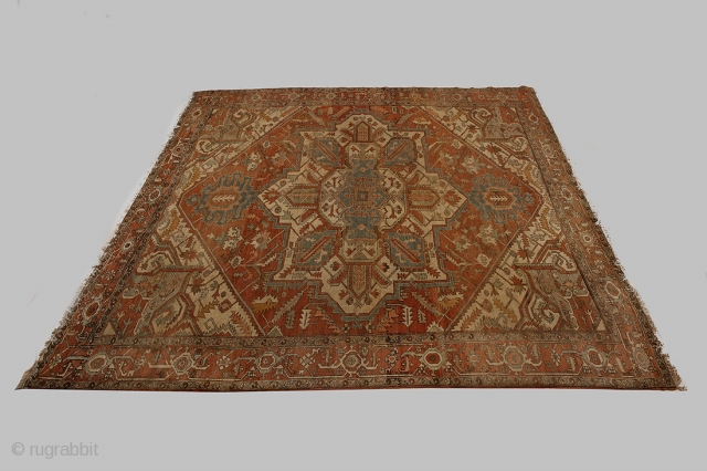 13100 Heriz 367x294 late 19th Century. Lovely soft coloured Heriz with fabulous unusual size. About 3cm of the end as been rewoven. Even low pile through out.

More info: https://sharafiandco.com/product/antique-serapi-heriz-carpet-367x294cm/
    