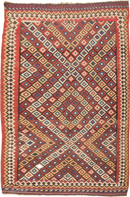 Antique Bakhtiari kilim in good 264x169cm in good condition.

More info: https://sharafiandco.com/product/decorative-antique-bakhtiar-kilim-wide-persian-rug/
                      