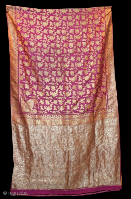 A very beautiful & rare real zari (silk woven with pure gold & silver thread ) sari of nine yards with extremely rare pattern of Shikargah & Pallu of brocade & gota  ...