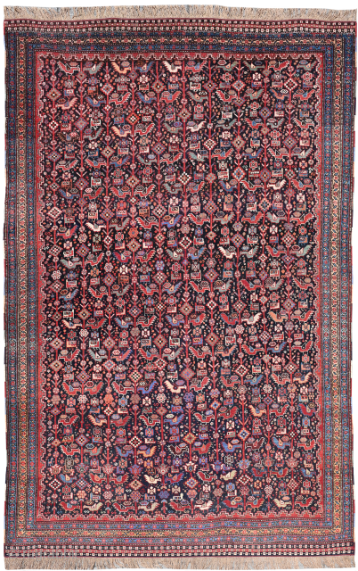 Khamseh • Southern Persia. Circa 1880. In mint condition. Dimensions: 280 x 175 cm. This delightful antique tribal rug is decorated with an overall design of chickens (Morghi design) and various geometric  ...