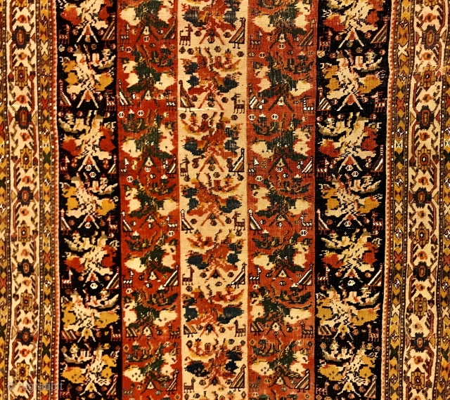 Quashquai rug with Gul Farangi style composition but also delightful, classic animal motifs. Sparkly cotton whites. Has its own distinct charm. Finely woven with floppy handle. Details, more pics on request.  