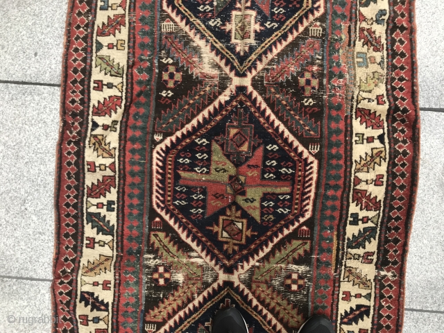 A northwest Persian or shahsavan long rug. As found.  Lots of interesting motifs.  Variable wefting.                