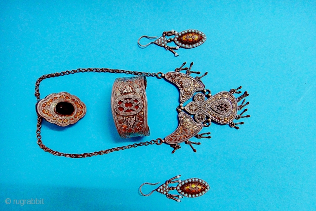 A Beautiful Bukhara Necklace , Bracelet , ear ring & ring a complete set Silver with gold plated 19th Century             