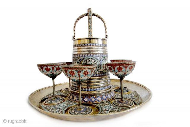 A extremly Beautiful swing-handled bucket chased in relief with heavily-armed bogatyrs and a castle and twisted ,bucket exterior complete enamel gilded ,with 8 birds bucket big round rimed dish with six enamel  ...