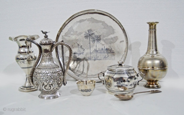 An Important Collection of Rare Middle East Arab Iraqi Niello Silver & Ottoman Silver Ewer , Iraq & Turkey , Circa 17th-19th Century , With Total of 7 Silver Items , This  ...