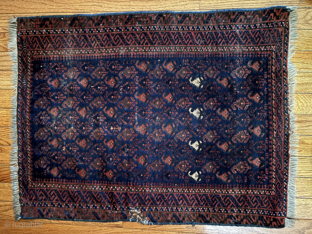 Old Baluch small format wool rug from around 1870. Four botehs break up the pattern.
Damage on one side of border.
60 x 80 cm
Shipping only within the US
Inquiries: ostler.terry@gmail.com