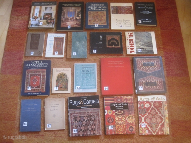 Books: 10 Euro each
No.	Author	Title	Year	binding, condition / description
1	Perrachon, Alix G. 	The Decorative Carpet. Fine Handmade Rugs in Contemporary Interiors	2010	cloth with dust jacket, vg / 256 pages, 120 small color
2	Bolour, Y. Bolour, B. 	The  ...