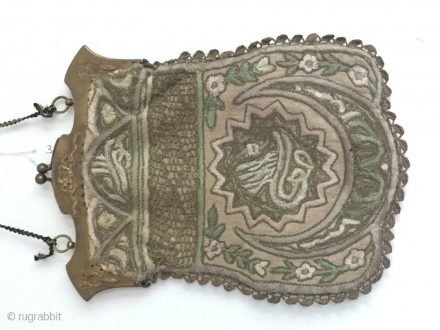 Late Ottoman pouch Kese,1890-1913, Edirne,Metal and silk embroidery on linen size 24 cm x 18,5 cm ,very good condition              