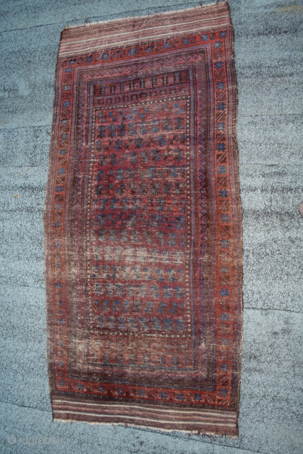 antique Large purple ground  Baluch Timuri 19th c.,tree of life, coloured and serrated leaf design & interesting empty space design   SE persia with kilim ends
size circa 588 cm x  ...