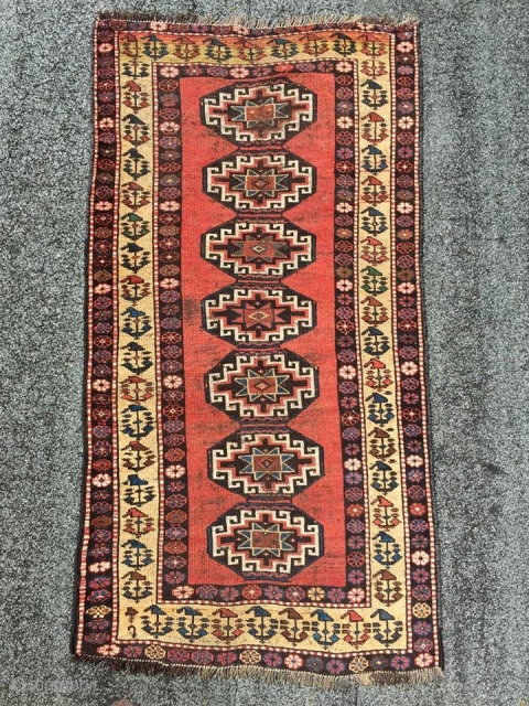 rare antique nw Persian Kelardasht Tabaristan rug around 1900.century with boteh /vase design main border on yellow ground 
condition ok ,washed ready for use 
size : 187 cm x 98 cm

  