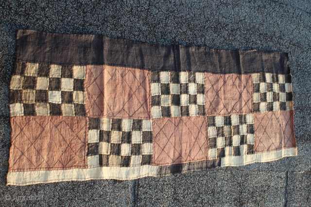 Kuba people patchwork embroidered and tie dyed Ndengese 
Raffia Dance skirt panel fragment D.R. Congo early 20th.century 
144 cm x 58 cm           