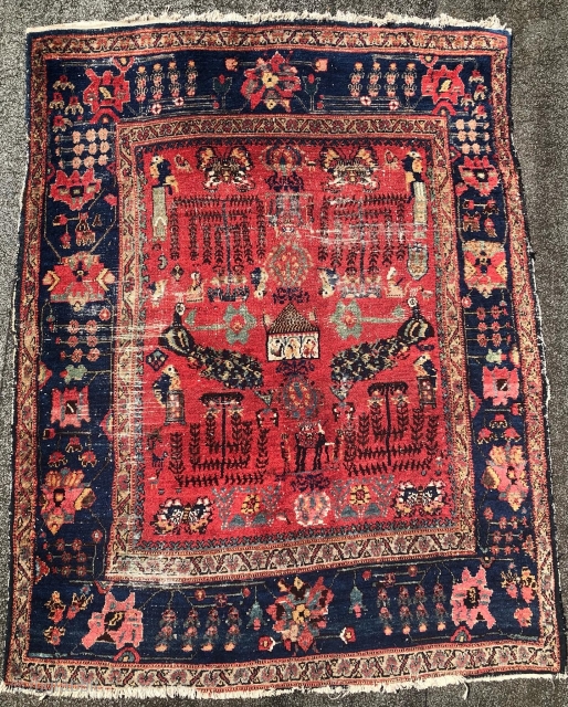 Antique Mysterious Senneh Rug with peacock ,elephant  , scorpion,butterfly,chicken,horse,willow ,nomadic tent and other unique drawings. 
A North West Persian highlight . 
Age : mid 19th century  +- 
Material: wool /  ...