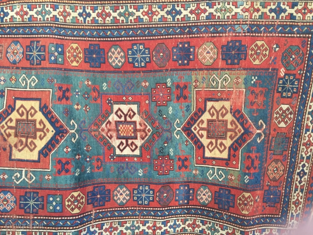 Old fachralo kazak rug with 3 medellin, attractive colores,with green field size 139cm x 205cm filled with art work.it can be use directly as a very rare fachralo after good cleaning or  ...